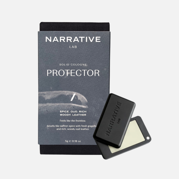 Narrative Lab Fine Fragrance Solid Cologne, Protector Solid Cologne, No parabens, no phthalates, no alcohol, Plant-based wax that is vegan friendly. Smells like saffron spice with fresh grapefruit and rich, woody oud leather.
