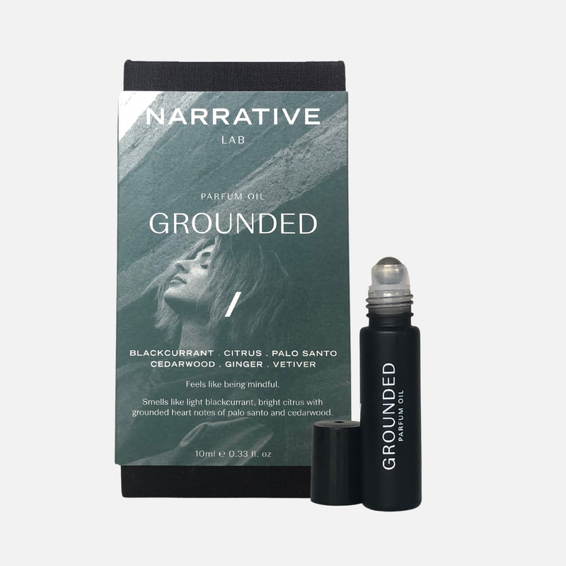 Narrative Lab Fine Fragrance Parfum Oil, Grounded Rollerball, No parabens, no phthalates,  no alcohol, Plant-based oil, vegan friendly perfume. Smells like light blackcurrant, bright citrus with grounded heart notes of palo santo and cedarwood.