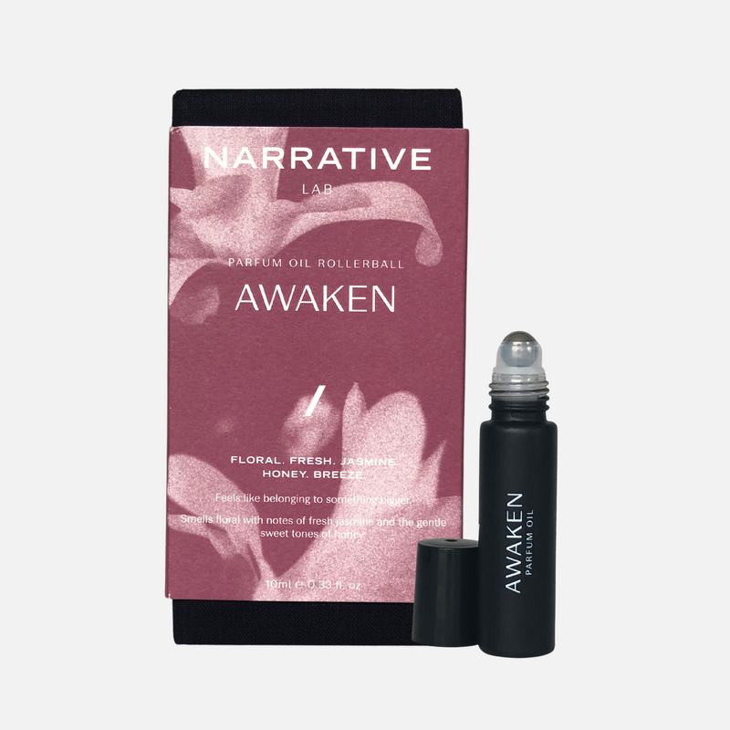 Narrative Lab Fine Fragrance Parfum Oil, Awaken Rollerball, No parabens, no phthalates, Plant-based vegan friendly perfume. Smells like floral with notes of fresh jasmine and the gentle sweet tones of honey.