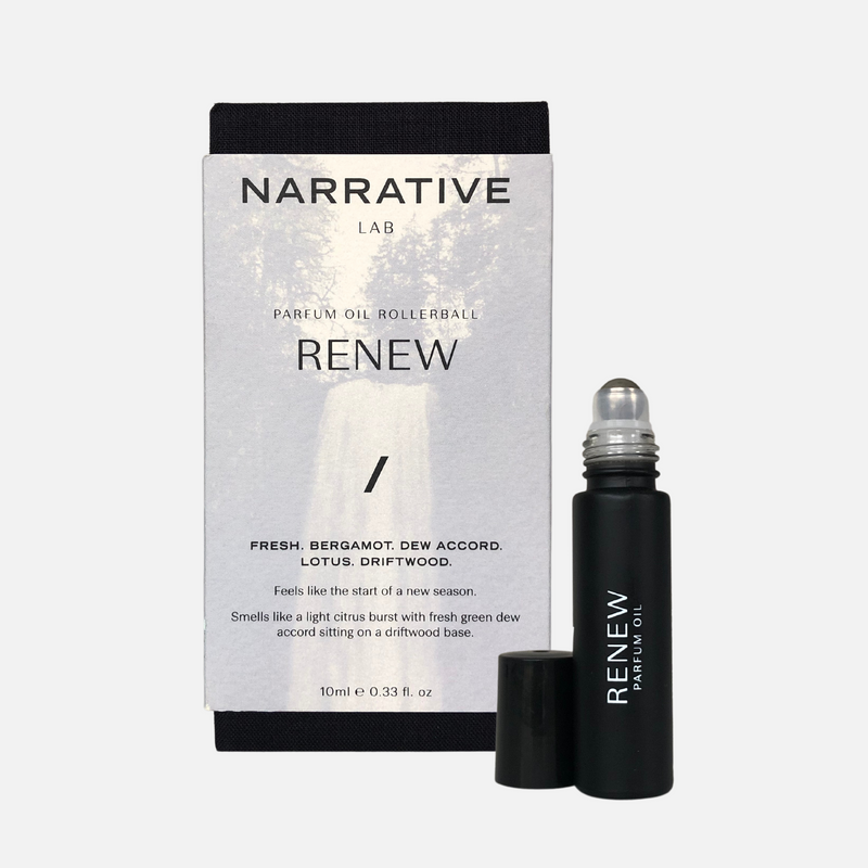 Narrative Lab Fine Fragrance Parfum Oil, Renew Rollerball, No parabens, no phthalates,  no alcohol, Plant-based oil, vegan friendly perfume. Smells like a light citrus burst with fresh green dew accord sitting on a driftwood base.