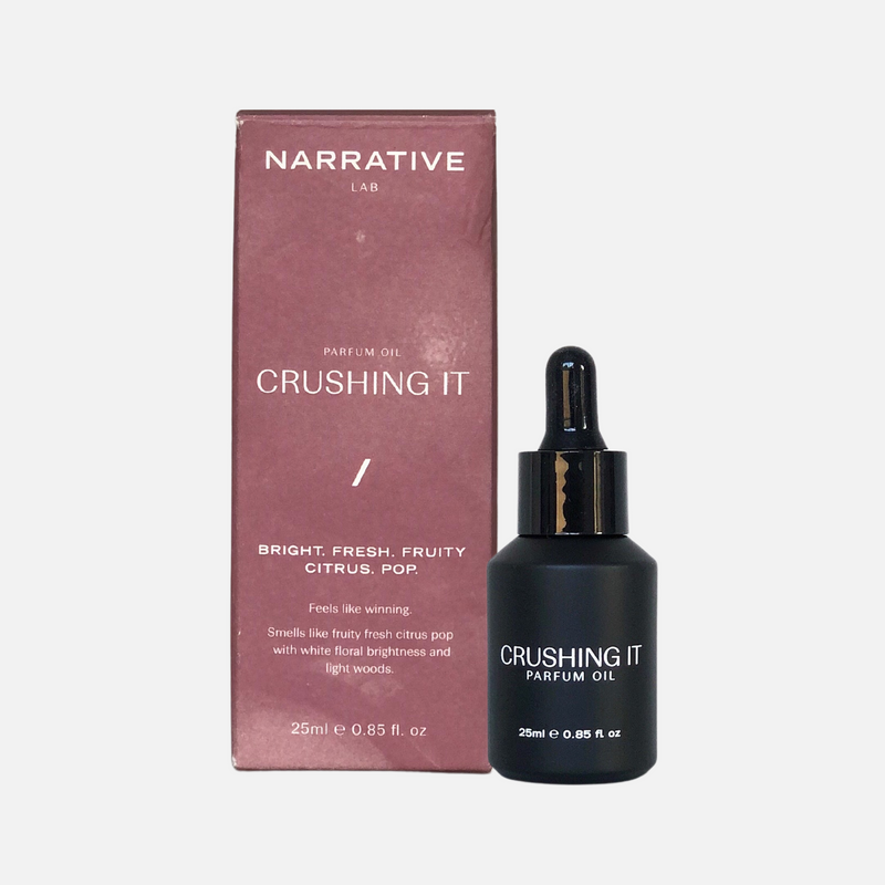 Narrative Lab Fine Fragrance Parfum Oil, Crushing It Dropper Bottle, No parabens, no phthalates,  no alcohol, Plant-based oil, vegan friendly perfume. Smells like fruity fresh citrus pop with white floral brightness and light woods.