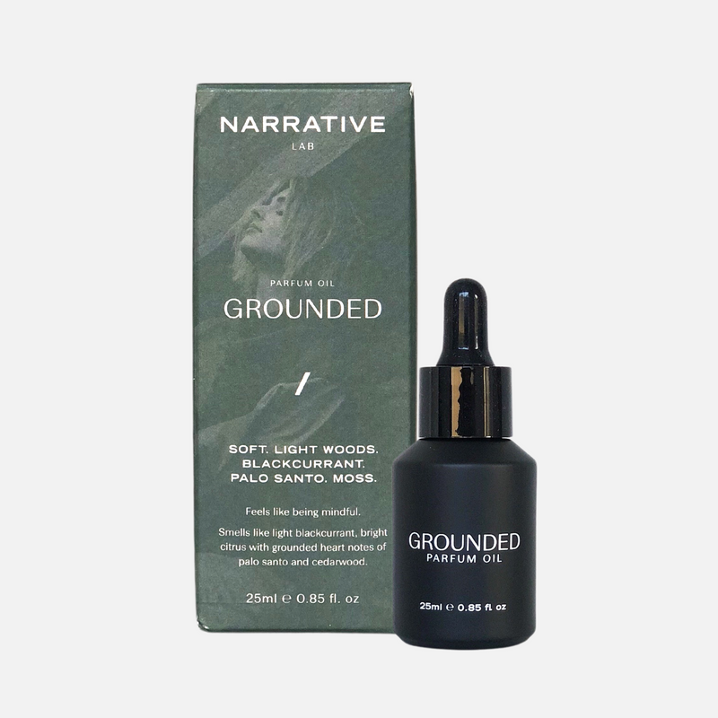 Narrative Lab Fine Fragrance Parfum Oil, Grounded Dropper Bottle, No parabens, no phthalates,  no alcohol, Plant-based oil, vegan friendly perfume. Smells like light blackcurrant, bright citrus with grounded heart notes of palo santo and cedarwood.
