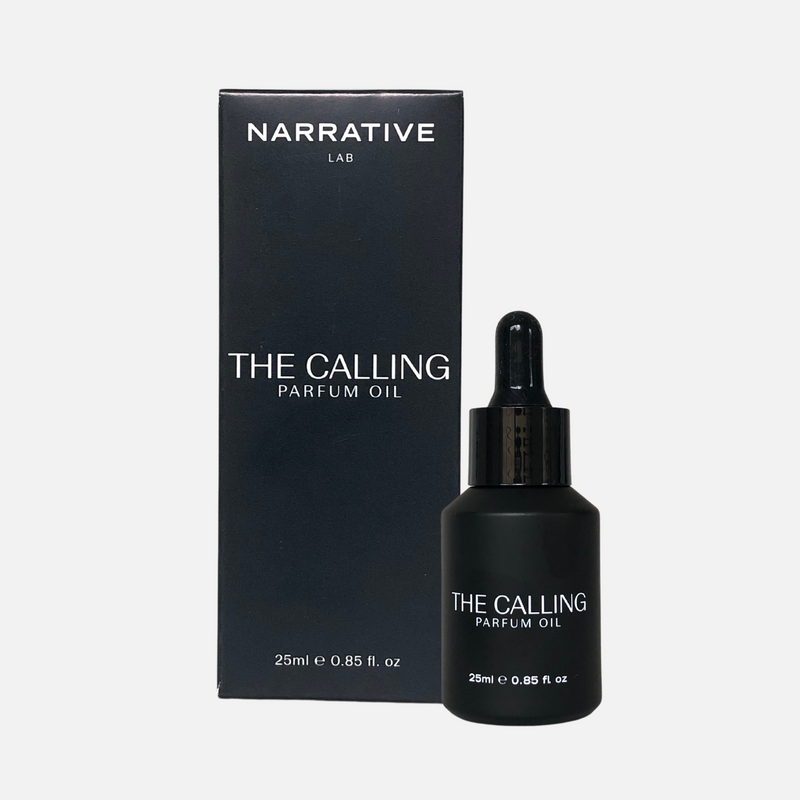 Narrative Lab Fine Fragrance Parfum Oil, The Calling Dropper Bottle, No parabens, no phthalates,  no alcohol, Plant-based oil, vegan friendly perfume. Smells like rich dark rum with vanilla bean, caramel latte and warm sweet base tones.