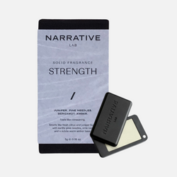 Narrative Lab Fine Fragrance Solid Fragrance, Strength Solid Fragrance, No parabens, no phthalates, no alcohol, Plant-based wax that is vegan friendly. Smells like fresh citrus and juniper burst with earthy pine needles, orris root and a subtle warm amber base.