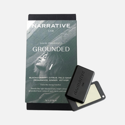 Narrative Lab Fine Fragrance Solid Fragrance, Grounded Solid Fragrance, No parabens, no phthalates, no alcohol, Plant-based wax that is vegan friendly. Smells like light blackcurrant, bright citrus with grounded heart notes of palo santo and cedarwood.