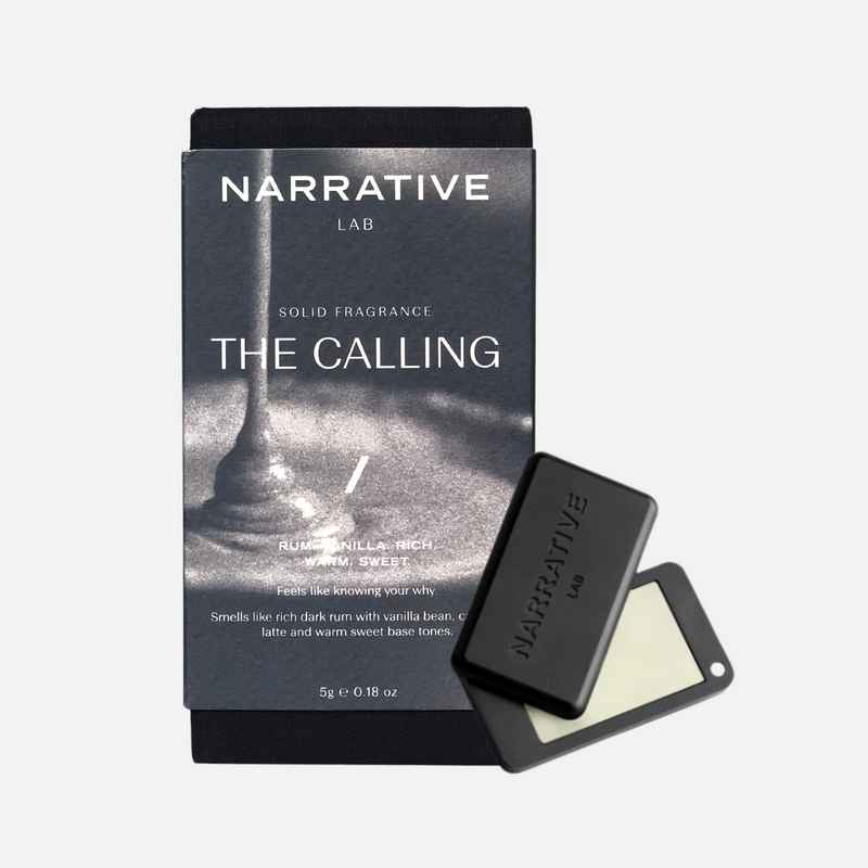 Narrative Lab Fine Fragrance Solid Fragrance, The Calling Solid Fragrance, No parabens, no phthalates, no alcohol, Plant-based wax that is vegan friendly. Smells like rich dark rum with vanilla bean, caramel latte and warm sweet base tones.
