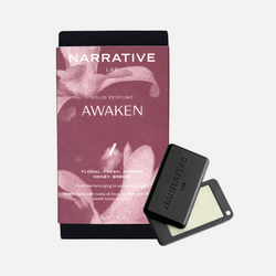 Narrative Lab Fine Fragrance Solid Perfume, Awaken Solid Perfume, No parabens, no phthalates, Plant-based wax that is vegan friendly. Smells like floral with notes of fresh jasmine and the gentle sweet tones of honey.