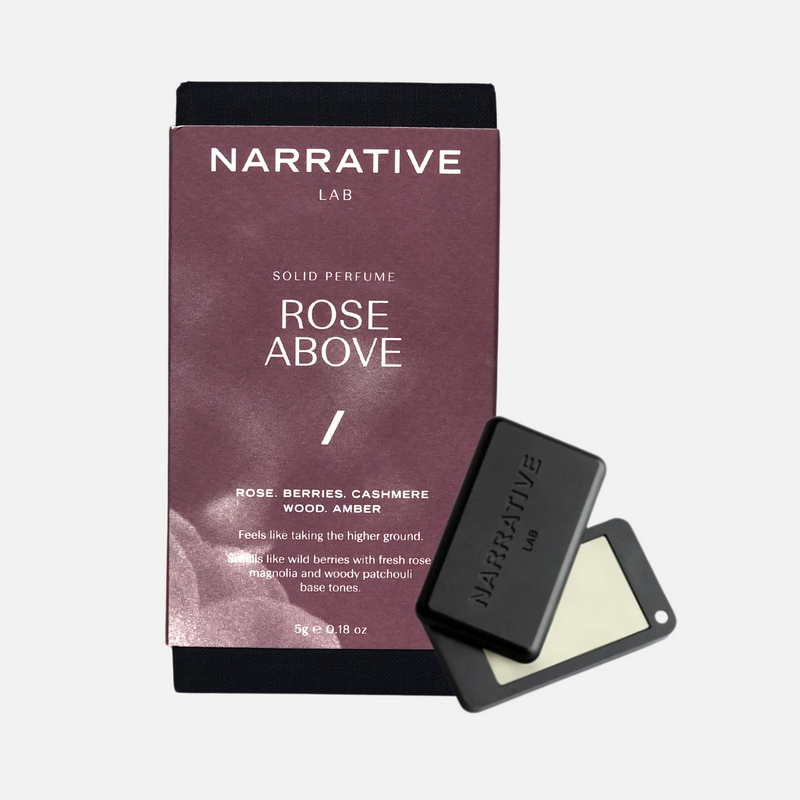 Narrative Lab Fine Fragrance Solid Perfume, Rose Above Solid Perfume, No parabens, no phthalates, no alcohol, Plant-based wax that is vegan friendly. Smells like wild berries with fresh rose, magnolia and woody patchouli base tones.