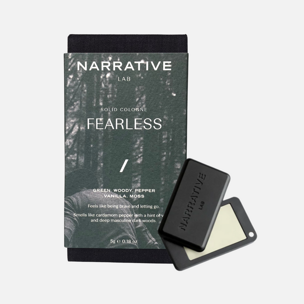 Narrative Lab Fine Fragrance Solid Cologne, Fearless Solid Cologne, No parabens, no phthalates, no alcohol, Plant-based wax that is vegan friendly. Smells like cardamom pepper with a hint of vanilla and deep masculine dark woods.