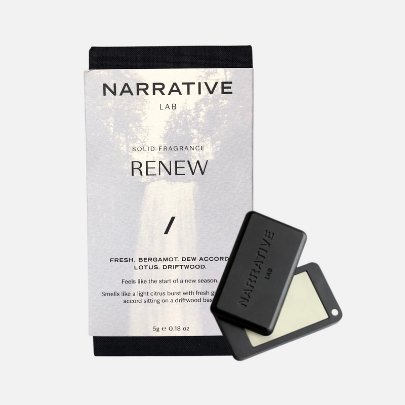 Narrative Lab Fine Fragrance Solid Fragrance, Renew Solid Fragrance, No parabens, no phthalates, no alcohol, Plant-based wax that is vegan friendly. Smells like a light citrus burst with fresh green dew accord sitting on a driftwood base.