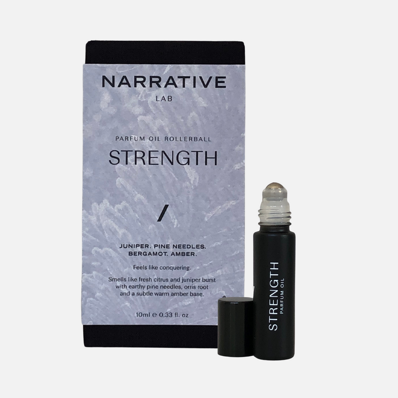 Narrative Lab Fine Fragrance Parfum Oil, Strength Rollerball, No parabens, no phthalates,  no alcohol, Plant-based oil, vegan friendly perfume. Smells like fresh citrus and juniper burst with earthy pine needles, orris root and a subtle warm amber base.