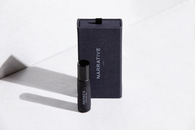 Narrative Lab Fine Fragrance Parfum Oil, Awaken Rollerball, No parabens, no phthalates,  no alcohol, Plant-based oil, vegan friendly perfume. Smells like floral with notes of fresh jasmine and the gentle sweet tones of honey.