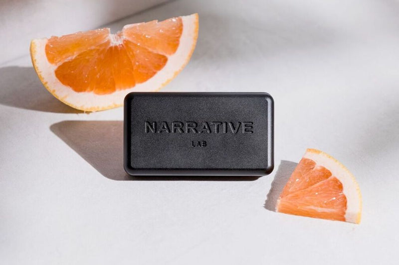 Narrative Lab Fine Fragrance Solid Cologne, Protector Solid Cologne, No parabens, no phthalates, no alcohol, Plant-based wax that is vegan friendly. Smells like saffron spice with fresh grapefruit and rich, woody oud leather.