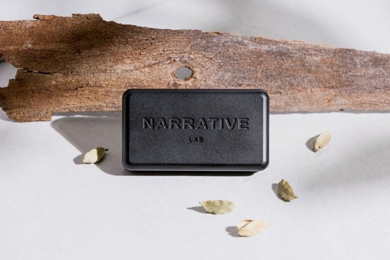 Narrative Lab Fine Fragrance Solid Cologne, Fearless Solid Cologne, No parabens, no phthalates, no alcohol, Plant-based wax that is vegan friendly. Smells like cardamom pepper with a hint of vanilla and deep masculine dark woods.
